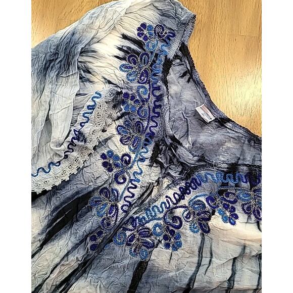 Shoreline Blue Tie-dye Tunic Top 1XL Embroidered Gauzy Crinkle Boho Gypsy - Picture 1 of 9